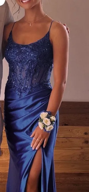 Blue Embellished Prom Dress With Slit thumbnail 1
