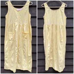 Vtg SITA Butter Yellow Sundress M Cotton Cottage Cabin Boho Plaid Texture Pocket thumbnail 3