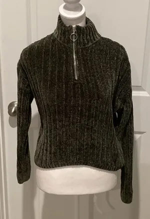 Pink Rose Dark Forest Green Chunky Knit Cowl Neck Knit Sweater - Small thumbnail 1
