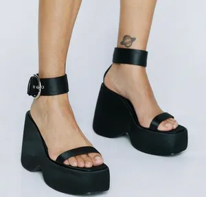 NASTY GAL Black Satin Ankle Strap Buckle Chunky Wedge Platform Sandals Size 8 thumbnail 1
