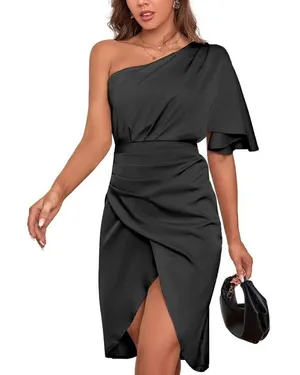 Just Be Better Womens S Black‎ Satin One Shoulder Mini Dress NEW Formal Evening thumbnail 1