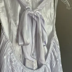 NEW Lulus Pretty Aura White Satin Plisse Mock Neck Mini Swing Summer Dress Sz XS thumbnail 12
