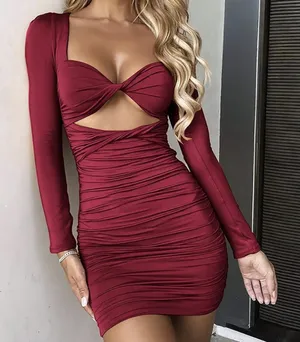 Red Bodycon Amazon Dress Mini Cut-Out Long Sleeve thumbnail 1
