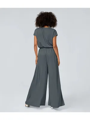 Halara V Neck Short Sleeve Pockets Wide Leg Flowy Waffle Jumpsuit Gray L Tall thumbnail 2