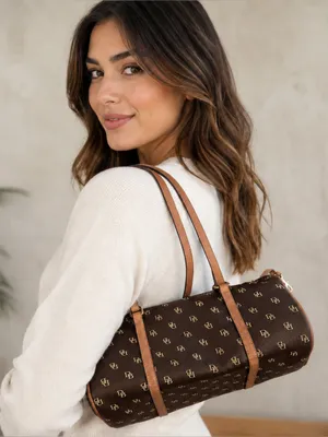 Dooney Bourke Y2K Signature Monogram Barrel Shoulder Bag Dark Brown Leather Trim thumbnail 2