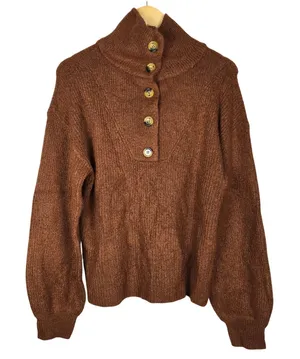 Marled True Auburn Balloon Sleeve Fold Over Collar Button Neck Sweater Small thumbnail 1