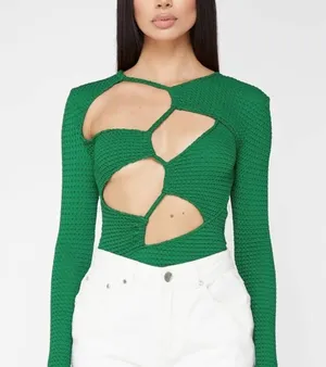 Maniere De Voir Textured Cut Out Bodysuit Green thumbnail 3