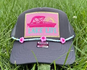 NEW “lake Life” SnapBack / trucker hat- Gray, Pinkand turquoise patch hat thumbnail 1