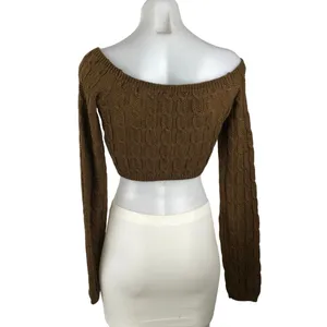 NEW NA-KD Brown Off The Shoulder Cable Knit Long Sleeve Crop Top Sweater Size S thumbnail 3