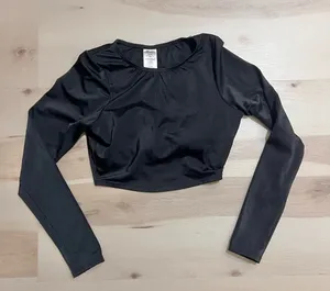 Endless Wave Medium Black Long Sleeve Ribbed Cropped Swim Top Beach Ocean Surf thumbnail 1