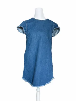 Good American Blue Denim‎ T-Shirt Dress Size 1 S Frayed Raw Edge Hem Mini Shift thumbnail 3
