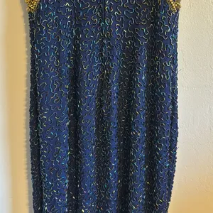 Vtg Laurence Kazar Halter Beaded embellished silk formal gown dress blue gold‎ L thumbnail 9