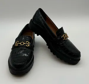 Circus by Sam Edelman Deana Lug Sole Loafers – Black Croc-Embossed,Gold Hardware thumbnail 1