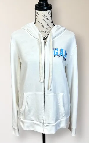 Vintage GAP Floral Embroidered Logo Full Zip Hoodie M White Blue Sweatshirt Y2K thumbnail 1
