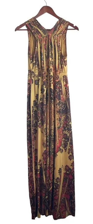 One World Women Maxi Dress S Yellow Batik Print Hippie Retro Boho‎ Jersey Resort thumbnail 1