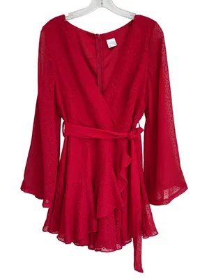 Selfie Leslie Red Clip Dot Bell Sleeve Ruffle Wrap Mini Dress M 6 thumbnail 1