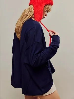 Free People Darcy Sweatshirt Top Navy Blue V Neck Medium thumbnail 3