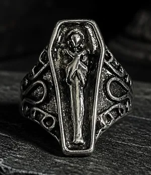 Coffin Shaped Gothic Silver Ring with Figure Size 6 thumbnail 1