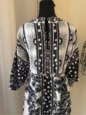 Farm Rio Black White Printed Puff Sleeve Mini Dress Small Boho Floral Resort thumbnail 8