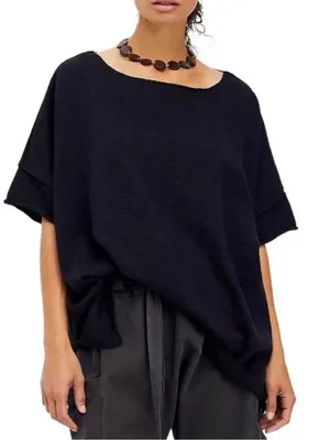 Free People Black Oversized Cotton Linen Blend Coastal Knit Top Women’s Medium thumbnail 1