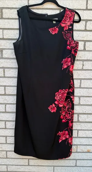 Sleeveless Black Midi Dress with Red Floral Panel thumbnail 1
