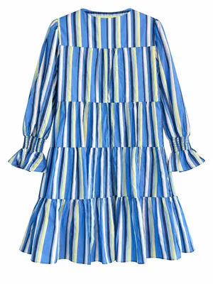 Eliza J Tiered Three Quarter Sleeve Dress Womens 8 Blue Excellent Striped V-Neck thumbnail 3