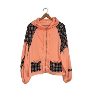 POL Womens Peach Waffle Knit Plaid Flannel Trim Zip Up Hoodie MFT584 Orange M thumbnail 2