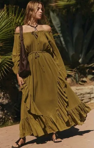 Free People Bohemian Witchy Ethereal Maxi Dress Green Moss Size Small NWT thumbnail 1