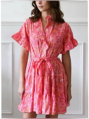 Mille Resort & Travel Violetta Pink Floral Ruffle Sleeve Tiered Dress SMALL thumbnail 1