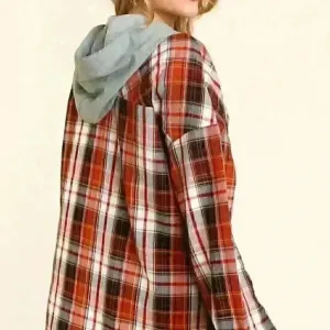 Rust and Charcoal Grey Plaid‎ Button Down Hoodie Top Orange thumbnail 4