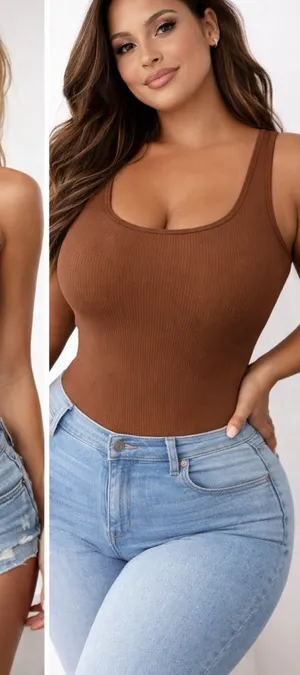 Ribbed Scoop Neck Brown Bodysuit Tank - Women thumbnail 1