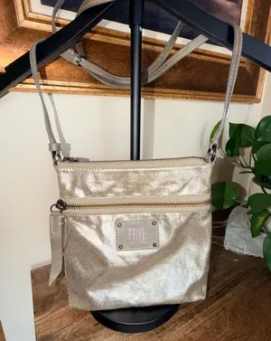 Frye Crossbody Bag Women Small Gold Metallic Canvas Leather Trim Industrial Glam thumbnail 1