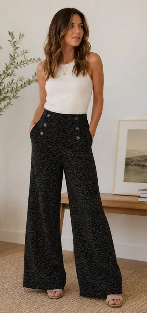 Elevenses Anthropologie Kingsland Pants Black White Dot Wide Leg Sailor Size 8 thumbnail 1