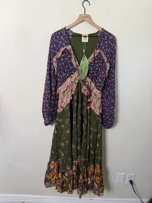 NWT Farm Rio Mixed Liberty Ruffle Silk‎ Midi Dress Beaded Womens Size L thumbnail 4