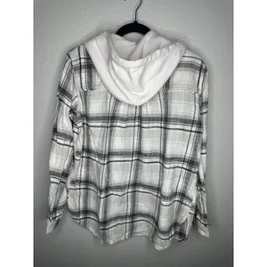 American Eagle Shirt Womens Small White Gray Plaid Hooded Button Front Flannel thumbnail 6