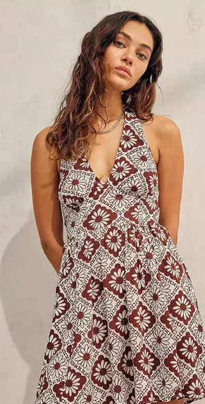 Urban Outfitters Brown Floral Tile Halter Mini Dress Smocked Back‎ Small thumbnail 1