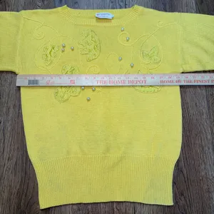 VTG 80s Beldoch Popper Yellow Floral Applique Pearl Knit Sweater Womens M READ thumbnail 5