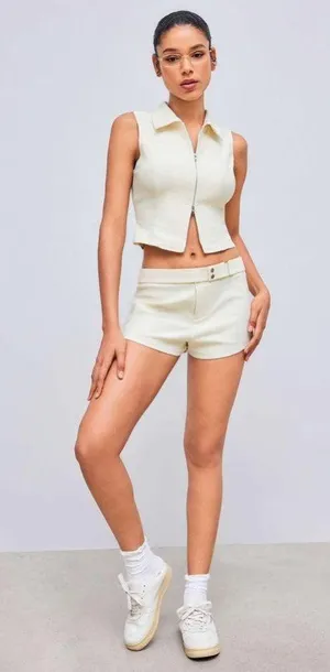 NWOT Cider Woven Collar Solid Zipper Tank Top Beige | TAGS CUT OUT SEE NOTES thumbnail 4