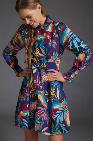 FARM Rio for Anthropologie Aves‎ Mini Dress Tropical Parrot Print Belted Size XS thumbnail 1
