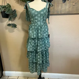 Lulus NWT Gorgeous Excellence Teal Green Floral Burnout Tiered Midi Dress thumbnail 3