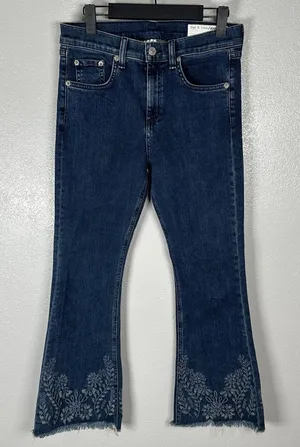 Rag & Bone Womens Jeans Size 27 10 Inch Crop Flare Blue Indigo Embroidered Hem‎ thumbnail 1