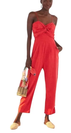 FARM RIO Cherry Red Linen Jumpsuit Size L thumbnail 1