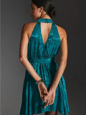 NWT Anthropologie Halter Neck Jacquard Mini Dress Teal Removable Belt Large thumbnail 9