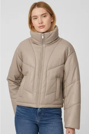 Abercrombie Vegan Leather Puffer Jacket Size M‎ Neutral Beige Cropped Winter thumbnail 1