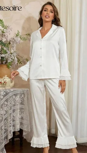 Amazon Satin White Blouse Ruffle Flutter Hem PJ Set thumbnail 1