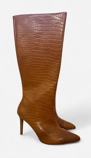 Nasty Gal Brown Croc Embossed Knee High Boots thumbnail 1