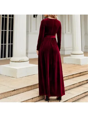 NEW Velvet Maxi Dress Long Crew Neck Elastic High Waist Cocktail Formal M thumbnail 2