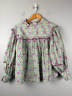 Karlie puff sleeve ruffle green pink block print floral blouse size large thumbnail 6