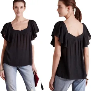 ANTHROPOLOGIE Maeve XS Black Flutter Sleeve Whimsigoth Flowy Top Semi‎ Sheer thumbnail 2