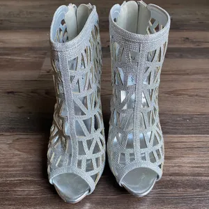 Bonnibel Glitter Cage Peep Toe‎ Stiletto Heel Booties 8 Silver Party Shoes thumbnail 2
